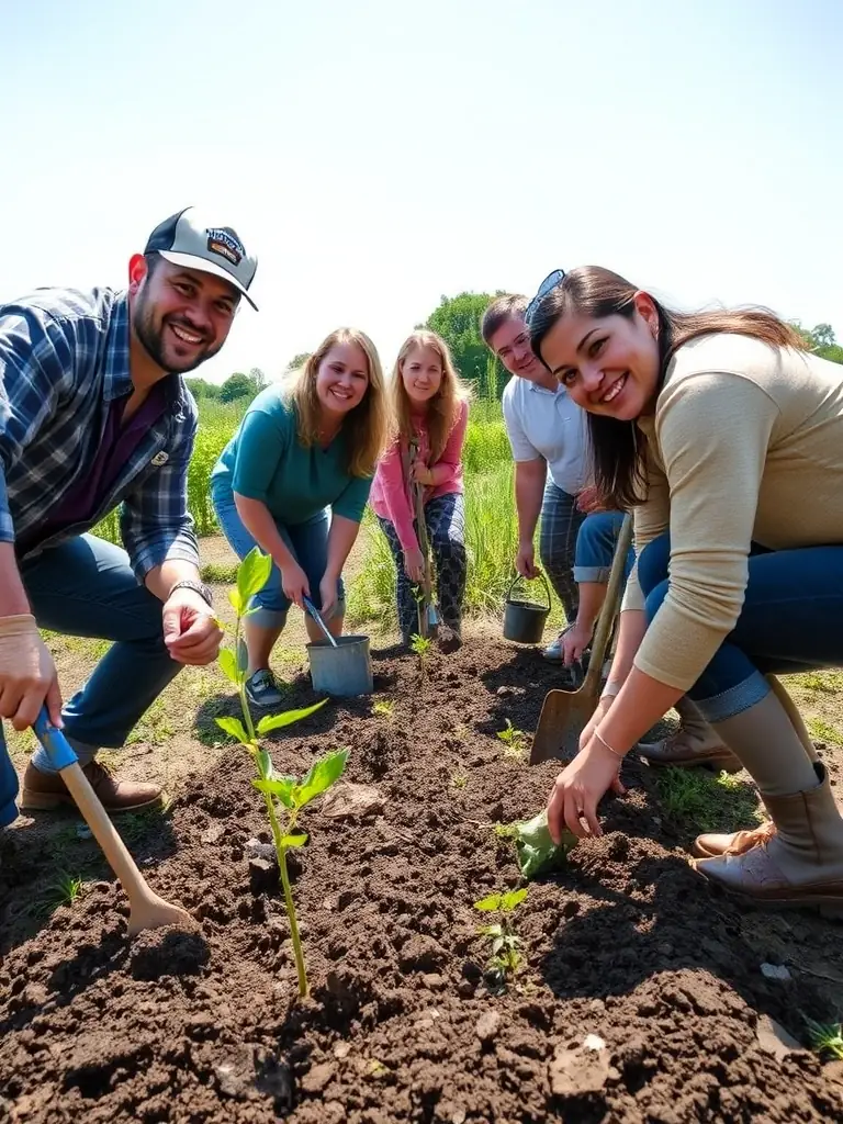 A photograph showcasing a group of volunteers planting heritage apple trees in an orchard, demonstrating La Poule Noire's commitment to preserving old plant varieties.