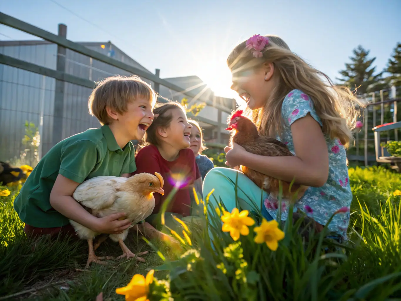 A vibrant image showing children participating in a guided tour of a rustic animal farm, interacting with various breeds of chickens and other farm animals, under the supervision of an educator from LA POULE NOIRE. The setting is a sunny day at a rural farm.