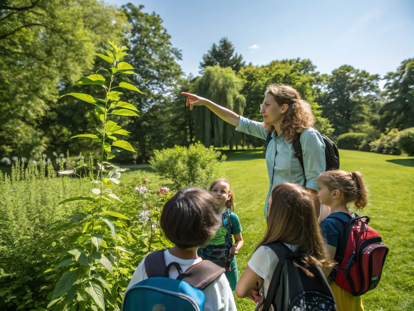 An engaging image of children participating in an outdoor educational workshop about local flora and fauna, highlighting the educational impact of LA POULE NOIRE's programs.