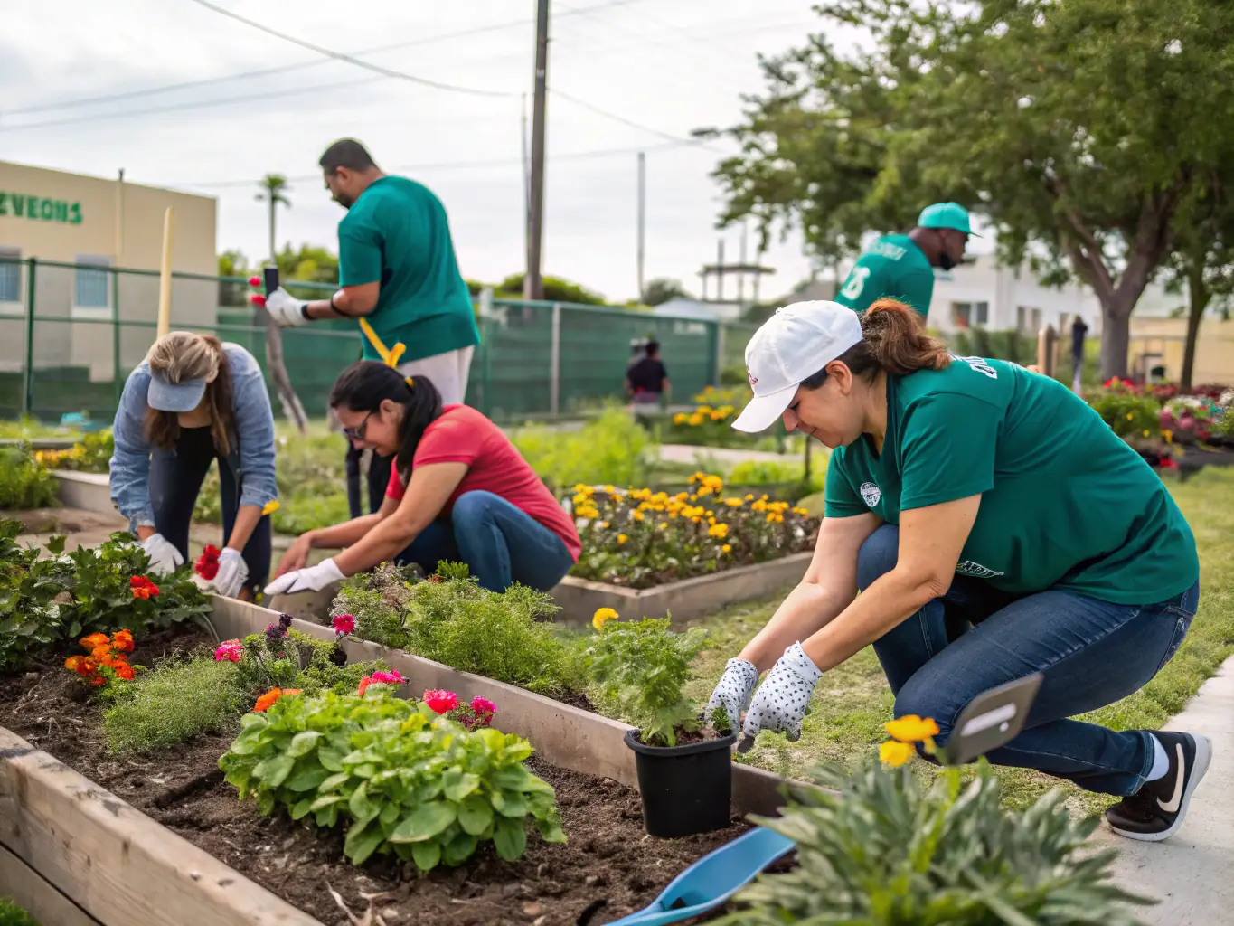 A photograph showcasing volunteers working in a community garden, planting heritage seeds and caring for rustic animal breeds. The image should highlight the collaborative effort and the tangible results of their work.
