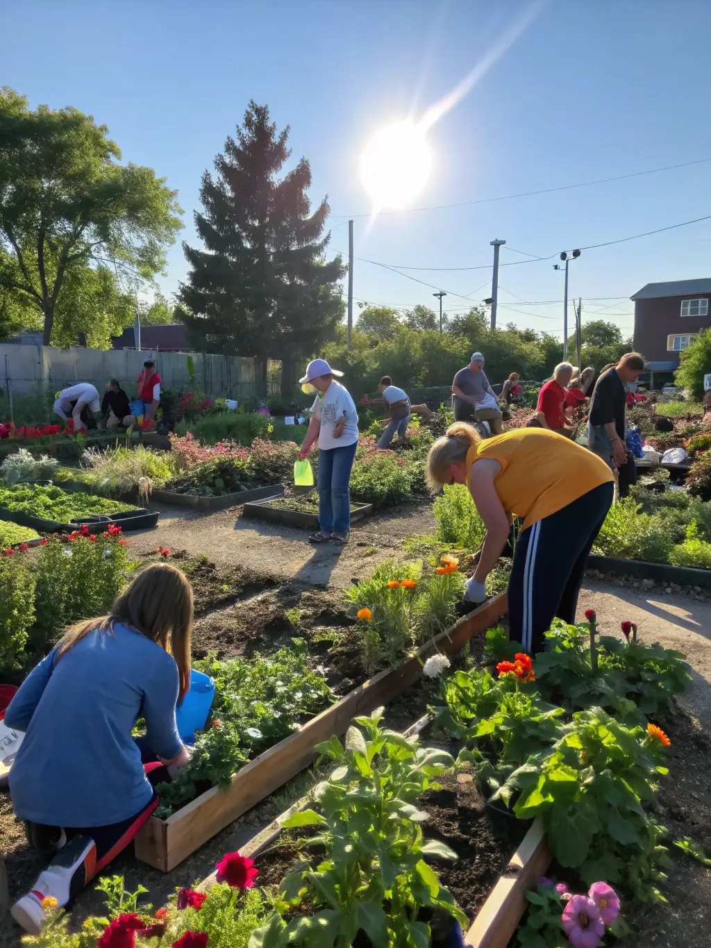 A photograph of a community garden supported by La Poule Noire, showing local residents growing vegetables and herbs.