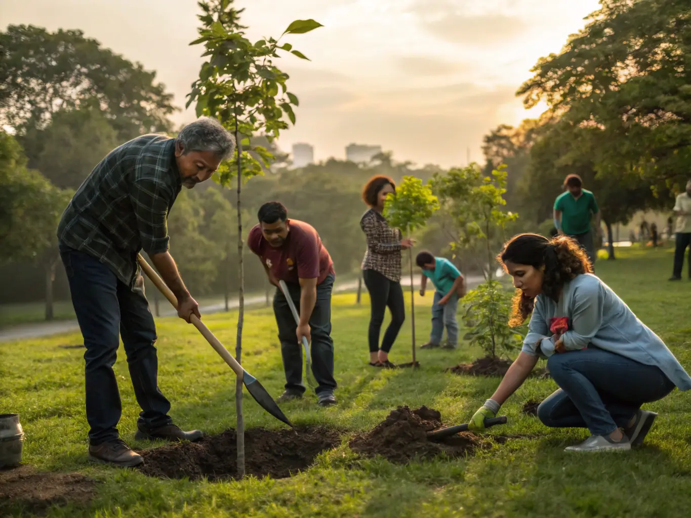 A heartwarming image of community members working together on a conservation project, showcasing the community engagement aspect of LA POULE NOIRE's activities.