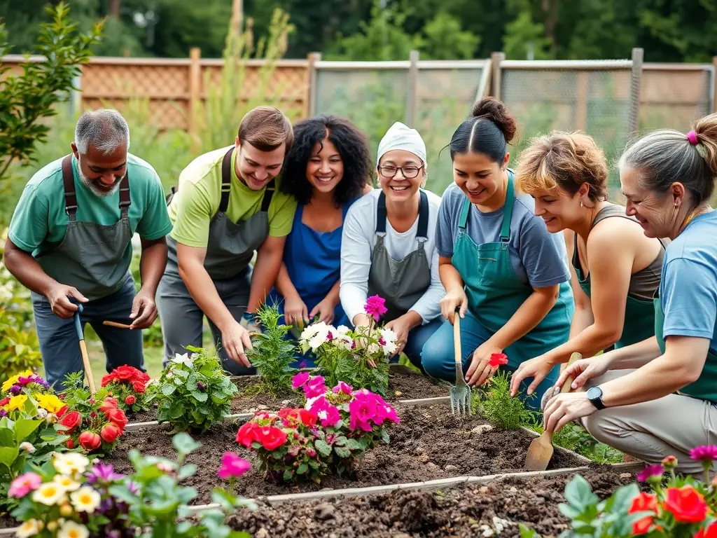 A photograph capturing a group of volunteers planting old plant varieties in a community garden, with LA POULE NOIRE's banner visible in the background. The volunteers are smiling and engaged in the activity, showcasing community involvement.