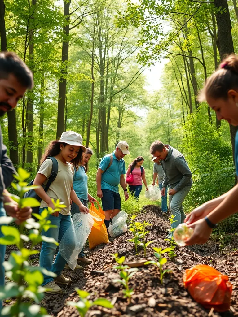 A group of people cleaning up a natural habitat, demonstrating community involvement in environmental preservation.
