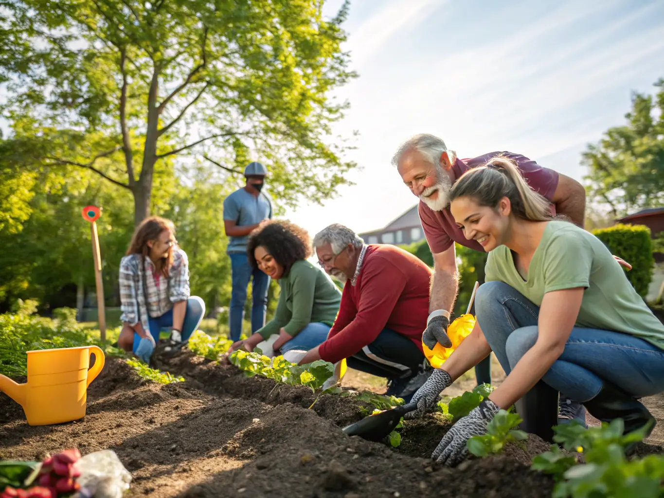 A vibrant image showing a group of volunteers planting heritage seeds in a community garden, illustrating the direct impact of participation on biodiversity.